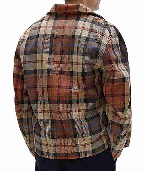 Back side of Jughead Jones' shirt style plaid jacket featured in Riverdale season 05