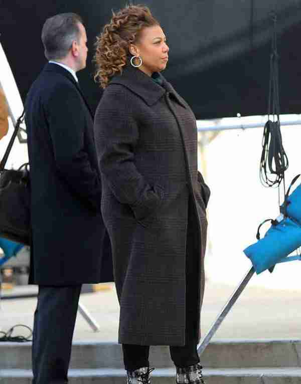 Queen Latifah on the set of The Equalizer 2021 in a black longcoat
