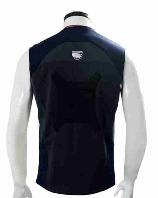 Back of Sam Porter's black Bridges uniform silk vest