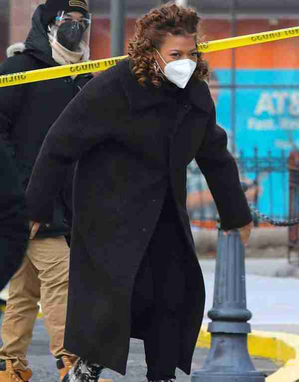 Queen Latifah in a black longcoat on the set of The Equalizer 2021
