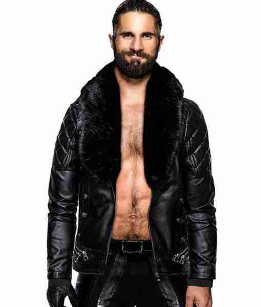WWE superstar Seth Rollins wearing his fur collar black leather jacket