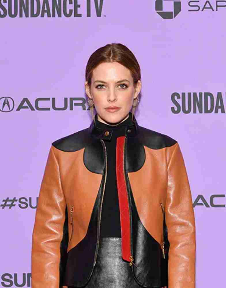 Riley Keough wearing a black and brown leather jacket at the Sundance Film Festival 2020