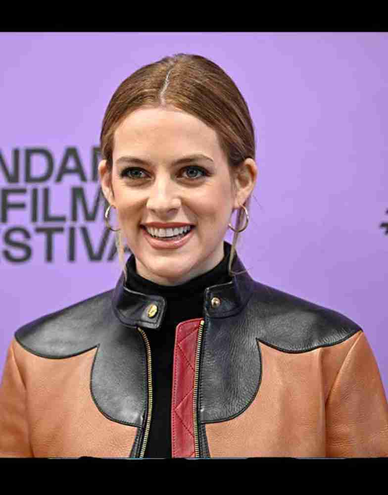 Riley Keough at the Sundance Film Festival 2020 in a black and brown leather jacket