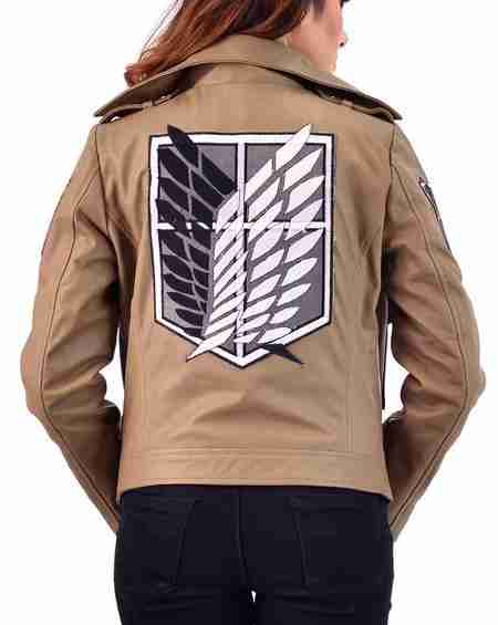Embroidered Scout Survey logo at back of Attack On Titan cropped leather jacket