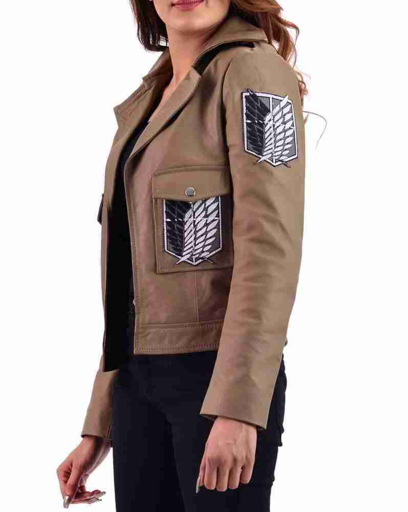 Side and front embroidered patches on women's cropped Attack On Titan leather jacket