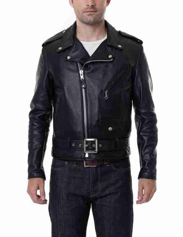 Classic men's motorcycle leather black jacket - front closed