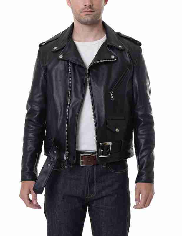 Men's classic perfecto motorcycle black leather jacket - front opened