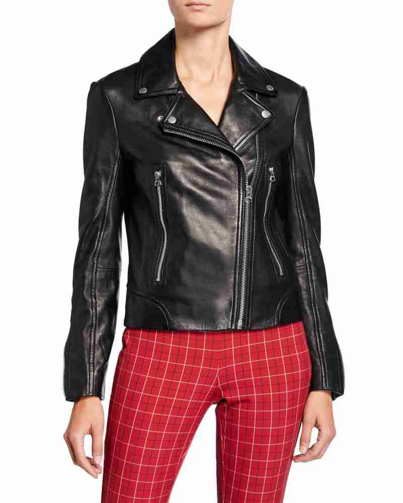 Closed front of George Fayne black leather motorcycle jacket from Nancy Drew season 02