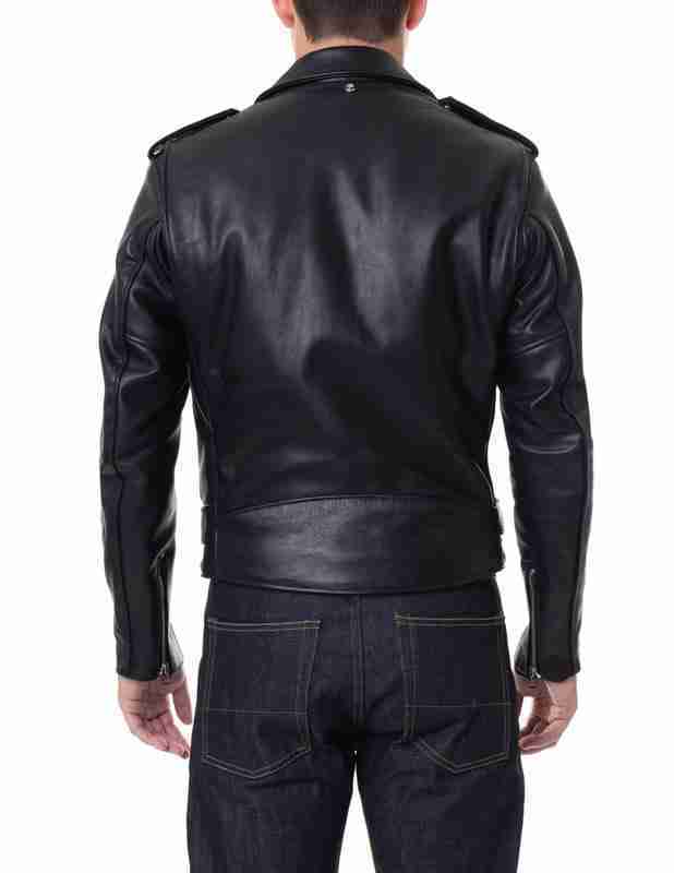 Back of classic perfecto men's motorcyle leather black jacket