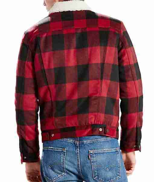 Red checkered shearling collar jacket of Jughead Jones worn by Cole Sprouse in Riverdale - back view