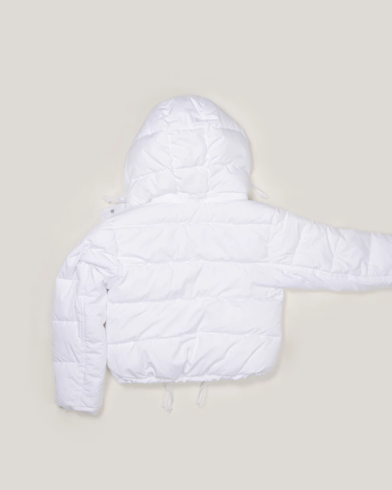 The Kid Laroi's white puffer hooded jacket - back