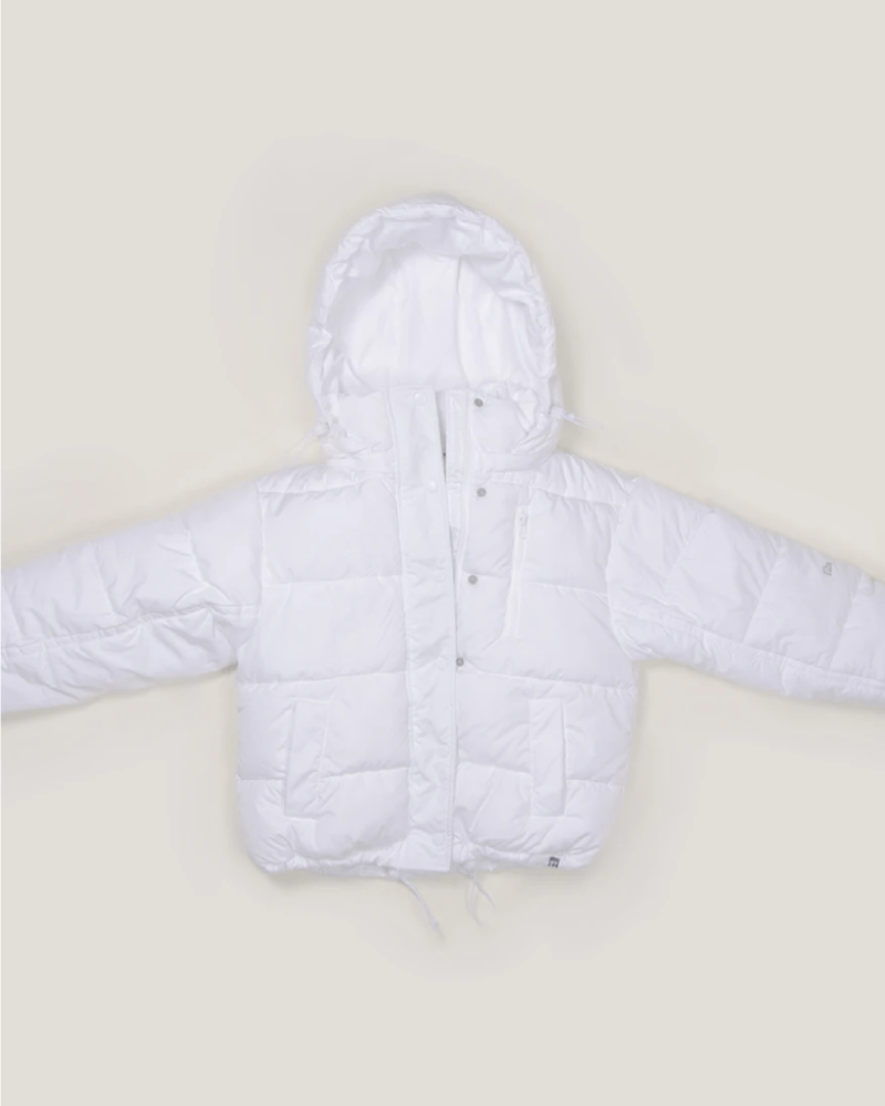 The Kid Laroi's white puffer hooded jacket - front