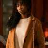 Fedna Jacquet from The Equalizer 2021 TV series in a biege woolen coat