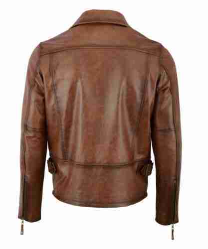 Dark brown men's vintage cowhide biker leather jacket - back