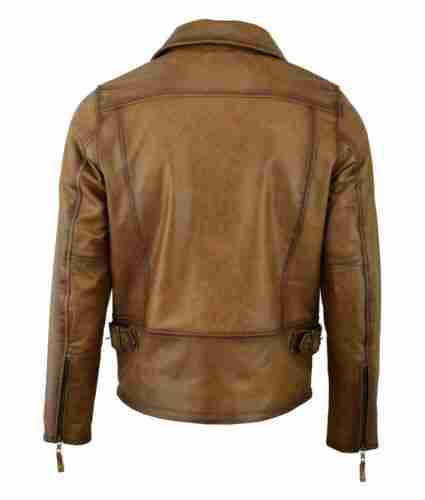 Brown men's vintage cowhide biker leather jacket - back