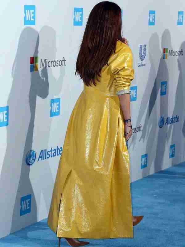 Selena Gomez Yellow Leather Coat