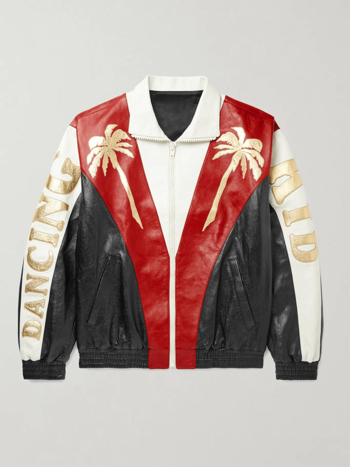 Red, white, black, and palm tree leather jacket worn by G-Eazy - front