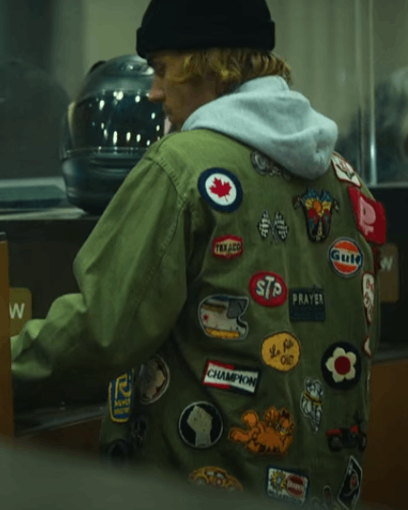 Back of Justin Bieber's green jacket in Hold On music video