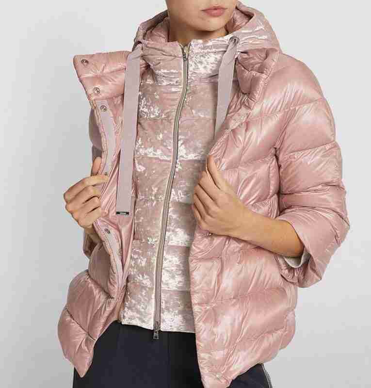 Women's light pink velvet puffer jacket - front