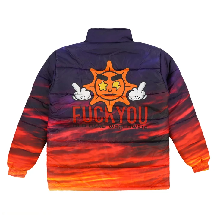 Printed back of Night Skies multi-colored Fuck You puffer jacket