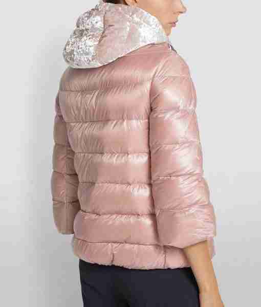 Back of light pink velver puffer jacket for women