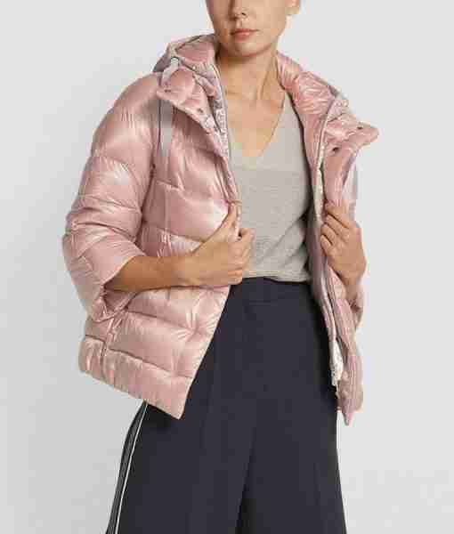 Women's light pink velvet puffer jacket - front opened