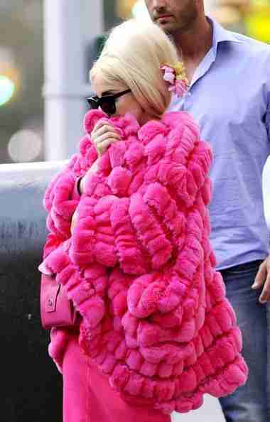 American Singer Lady Gaga Hot Pink Fur Jacket Style Coat