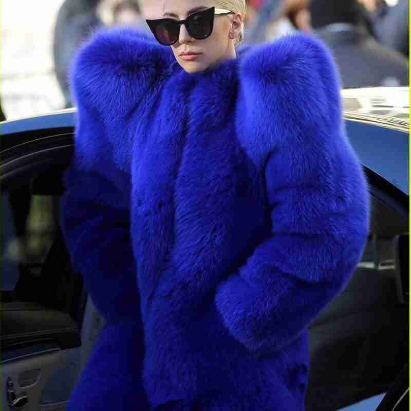 American singer Lady Gaga Blue Faux Fur Trench Coat
