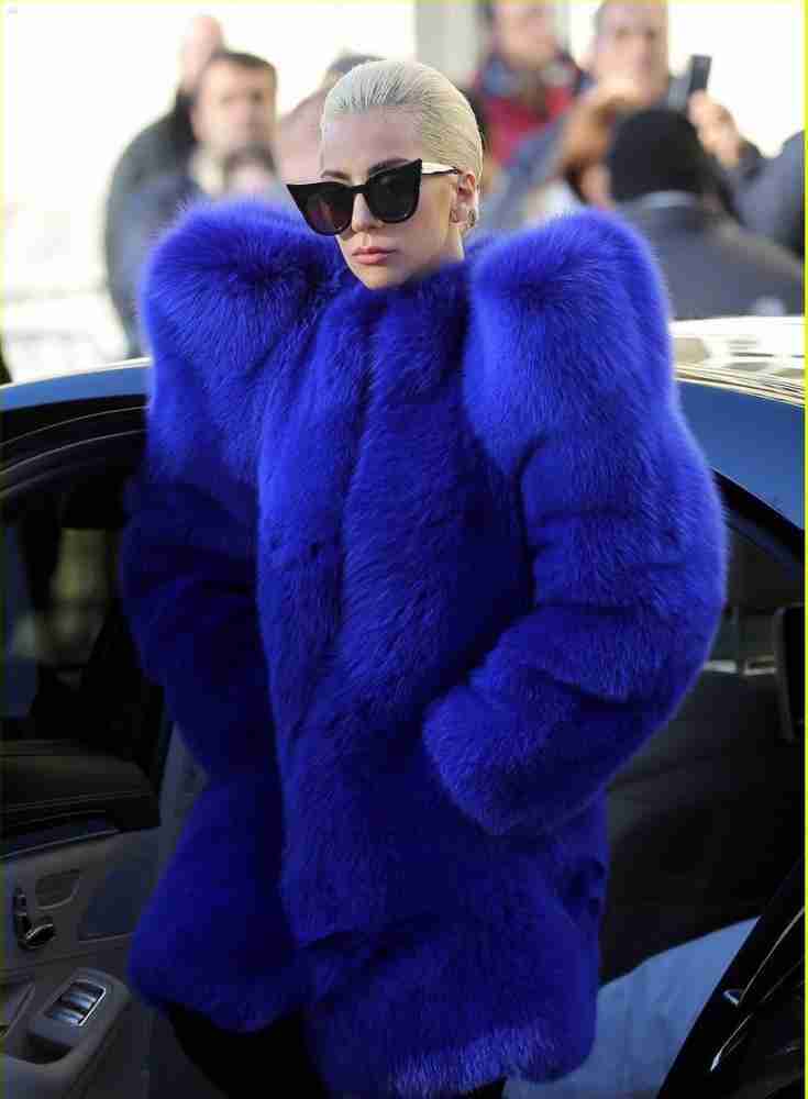 American singer Lady Gaga Blue Faux Fur Trench Coat