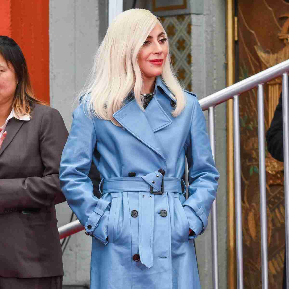 Lady Gaga Blue Leather Trench Coat