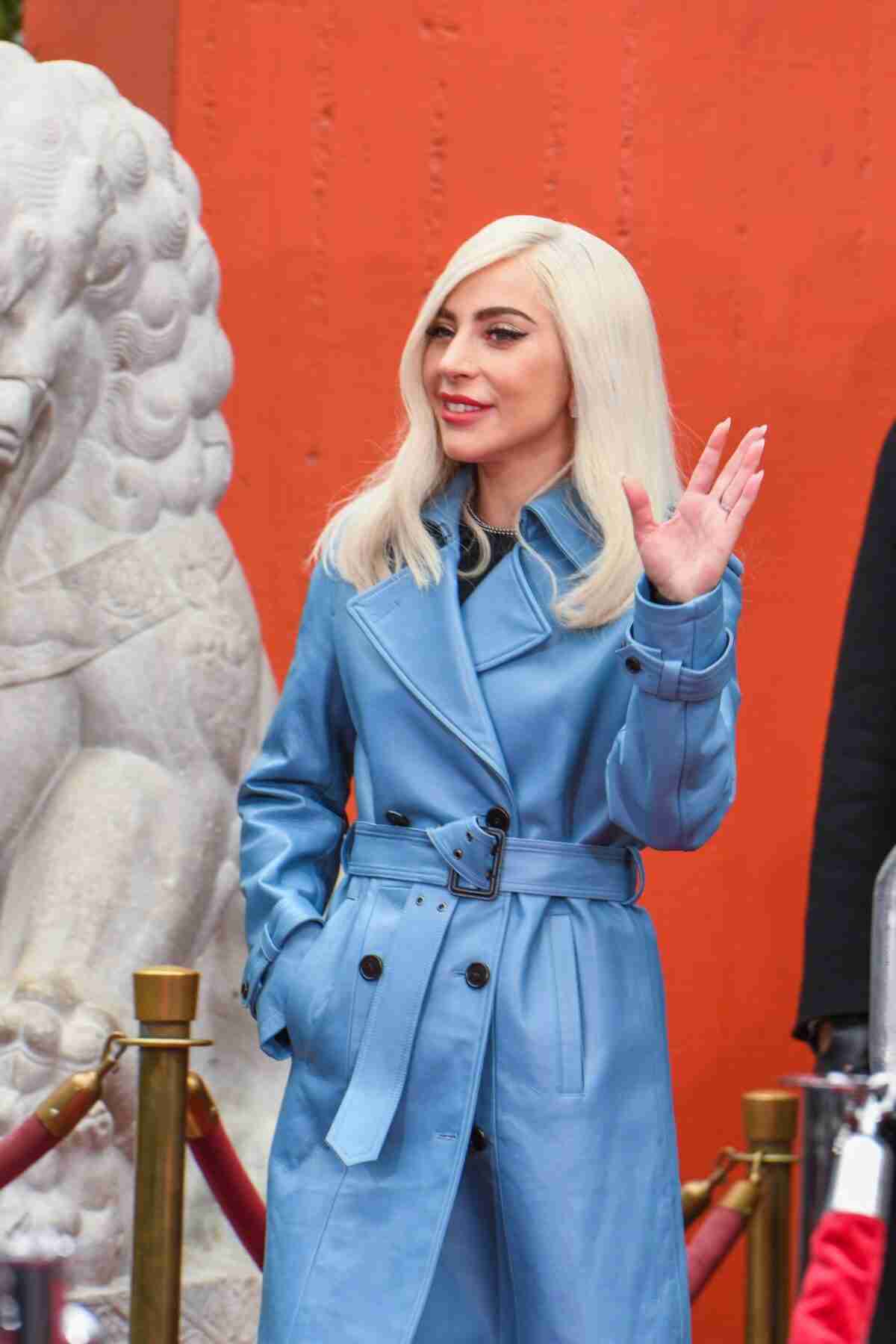 Lady Gaga Blue Leather Trench Coat