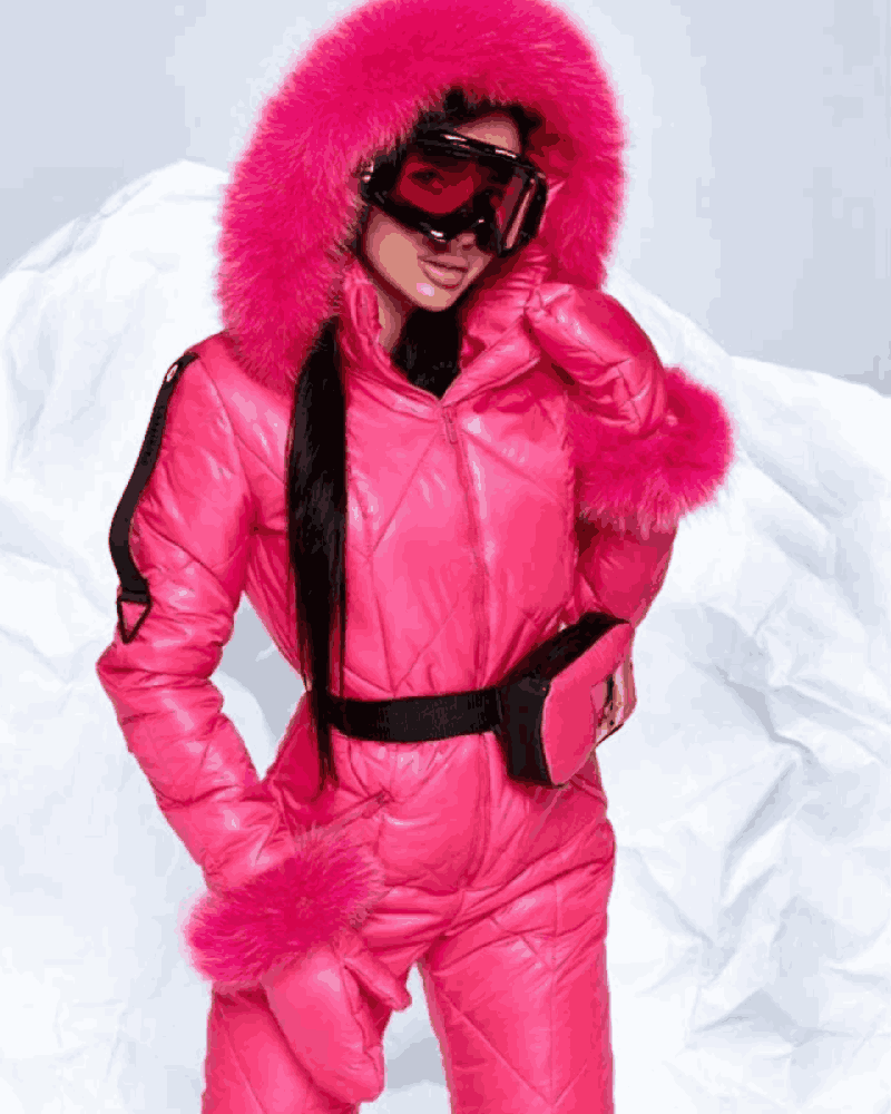 Women’s Pink Hood Fur Snowboard Puffer Ski Jumpsuit