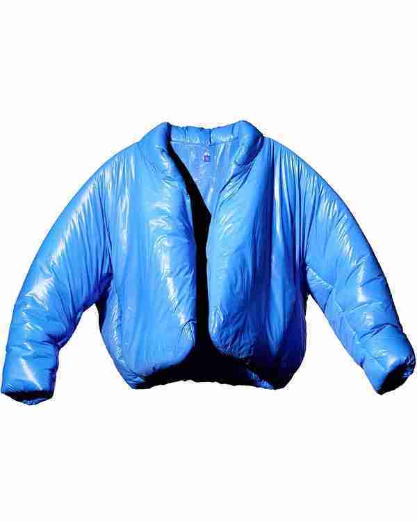 Kanye West's Yeezy blue round puffer jacket - front view