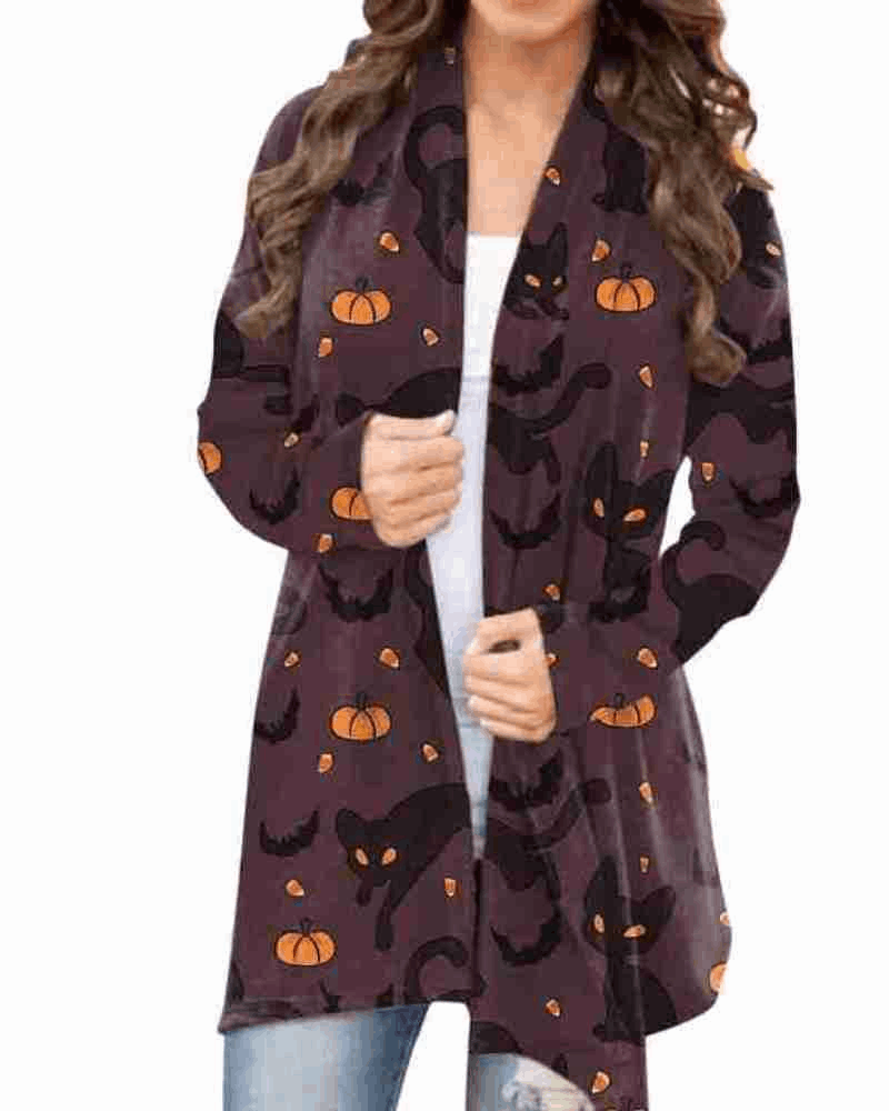 Halloween Black Cat Print Long Trench Coat