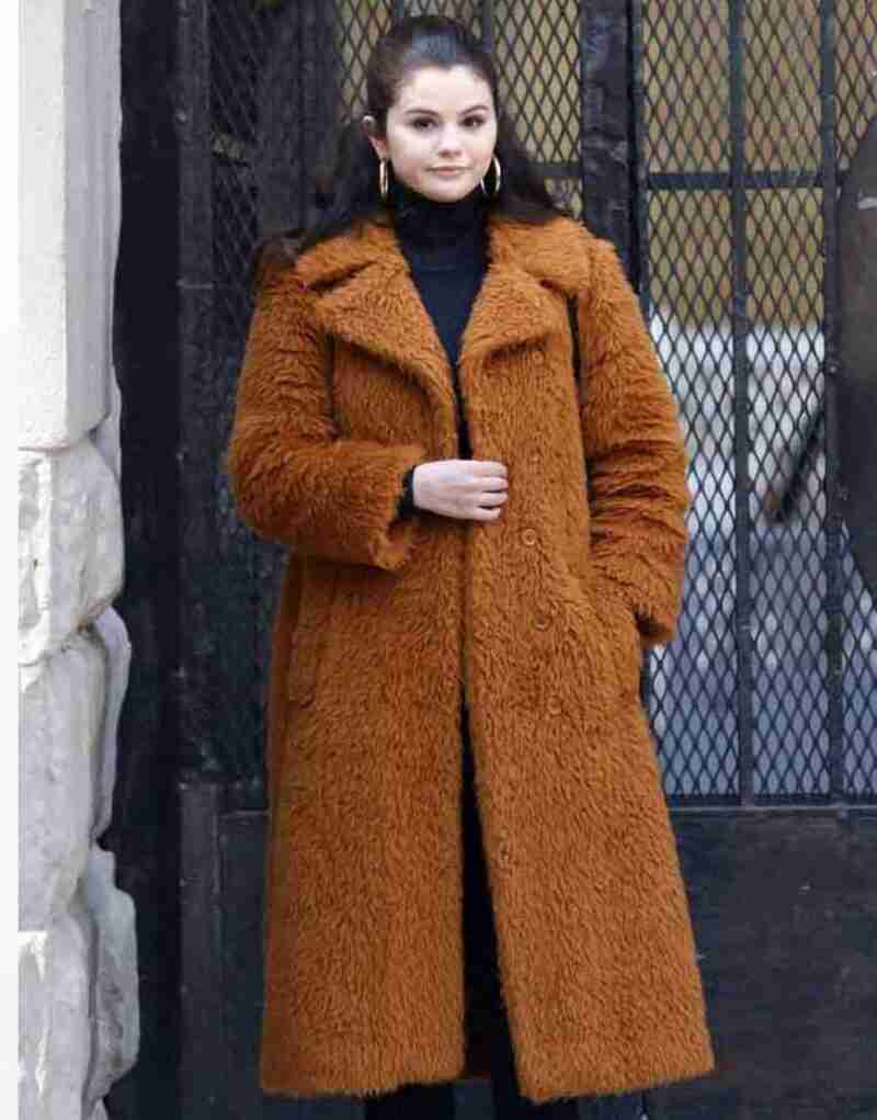 Mabel Only Murders In The Building 2021 Selena Gomez Brown Fur Trench Coat