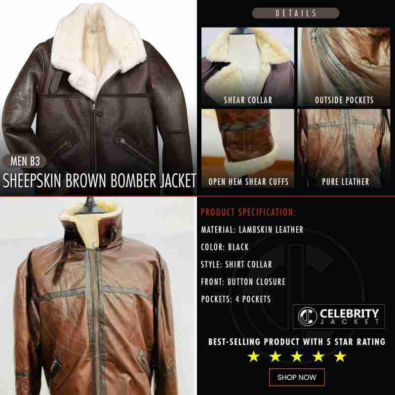 Infographics of Men B3 Sheepskin Brown Bomber Jacket