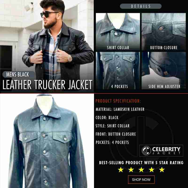 Mens Black Leather Trucker Jacket