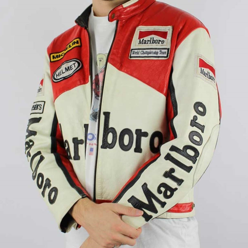 Front view of Marlboro racer leather jacket