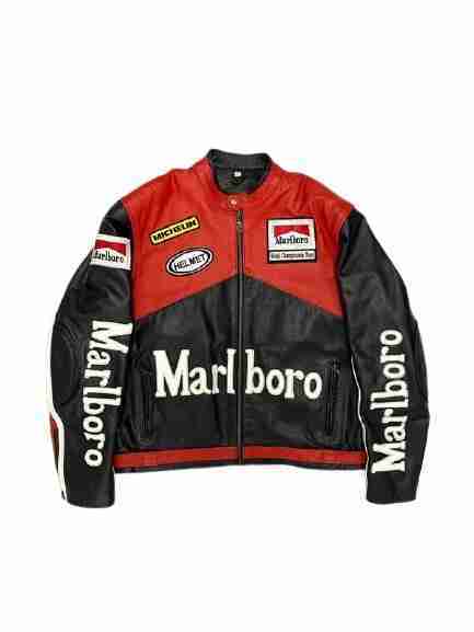 Men's Marlboro racing leather jacket in black - front view