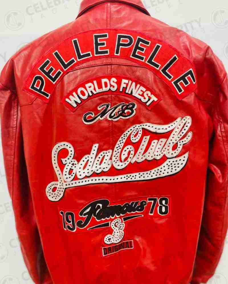 Embroidered design at the back of Pelle Pelle Soda Club red leather jacket