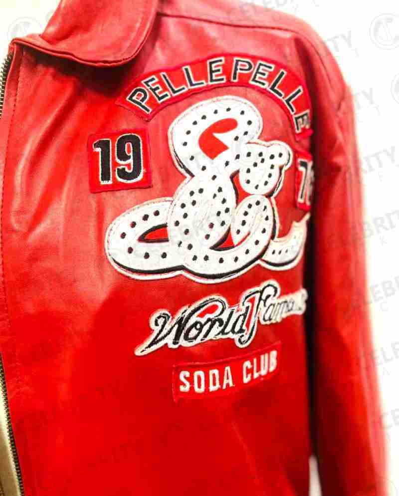 Embroidered patch at front of Pelle Pelle Soda Club red leather jacket
