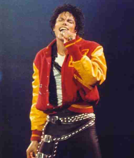 Michael Jackson wearing a red and yellow varsity jacket