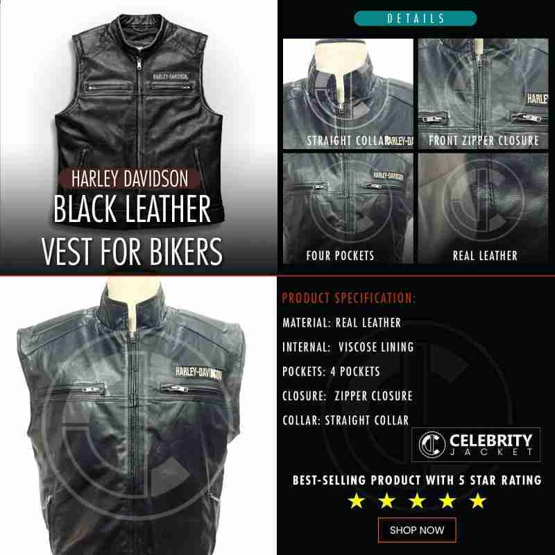 Harley Davidson Black Leather Vest for Bikers