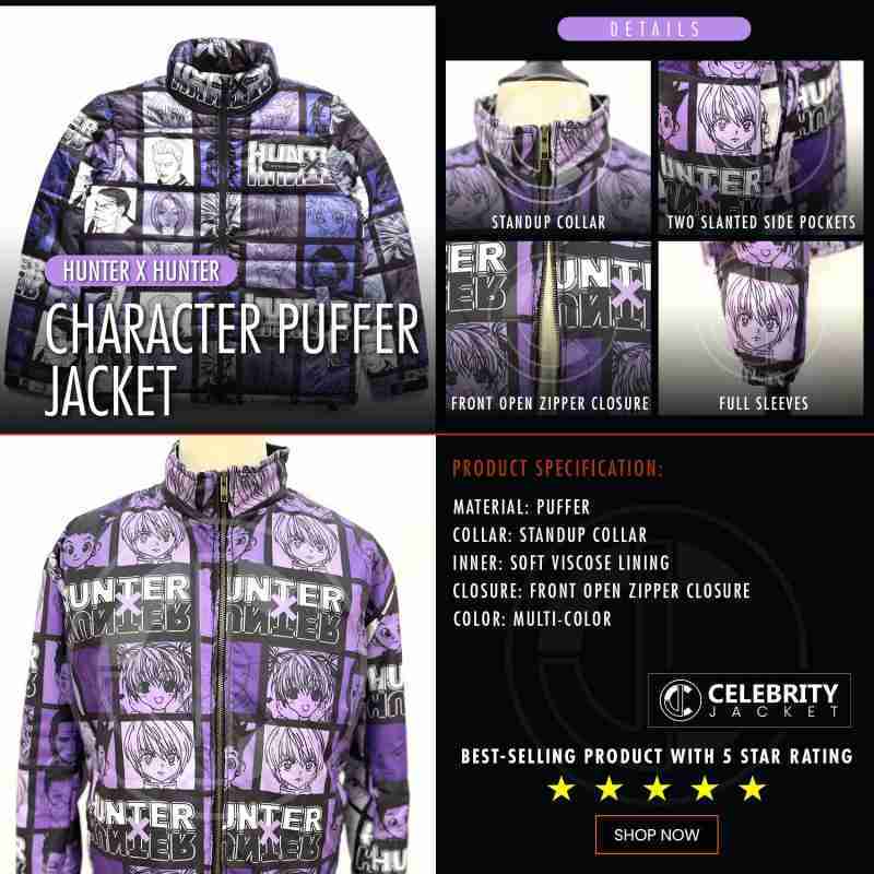 Product infographics of Hunter X Hunter characters purple hue puffer jacket