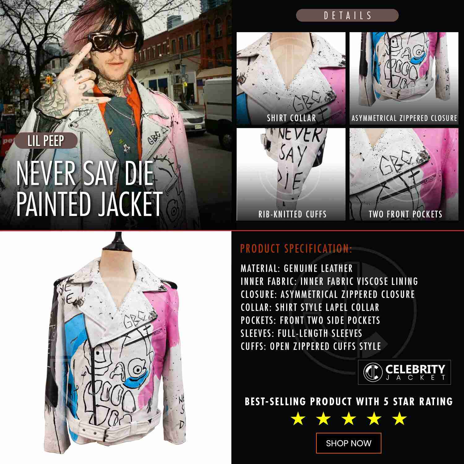 infographics Lil Peep Never Say Die Painted Jacket
