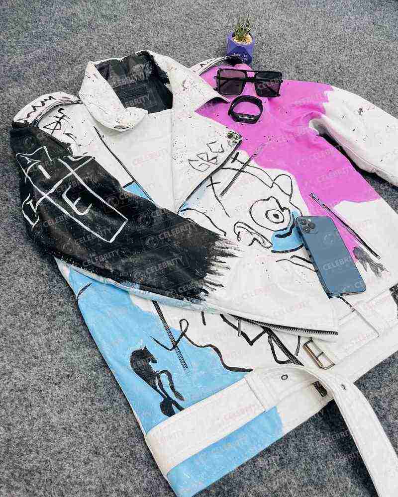 Lil Peep Never Say Die Painted White and Black Leather Jacket