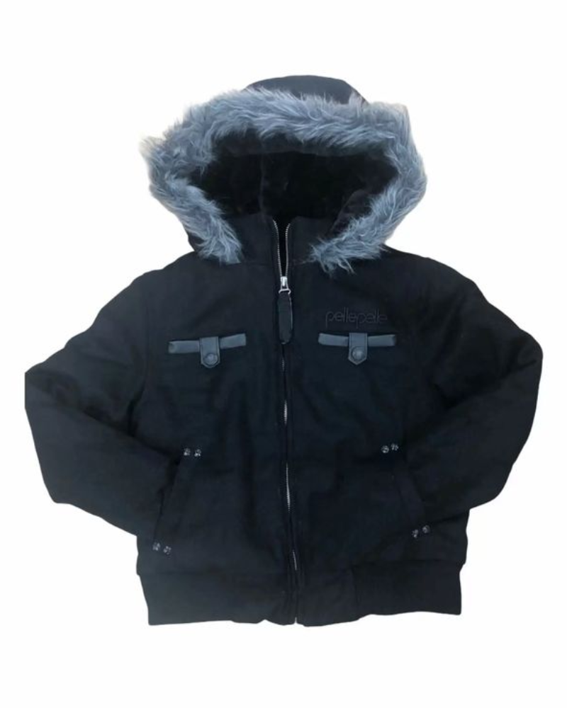 Black Pelle Pelle Fur Hooded Wool Bomber Jacket