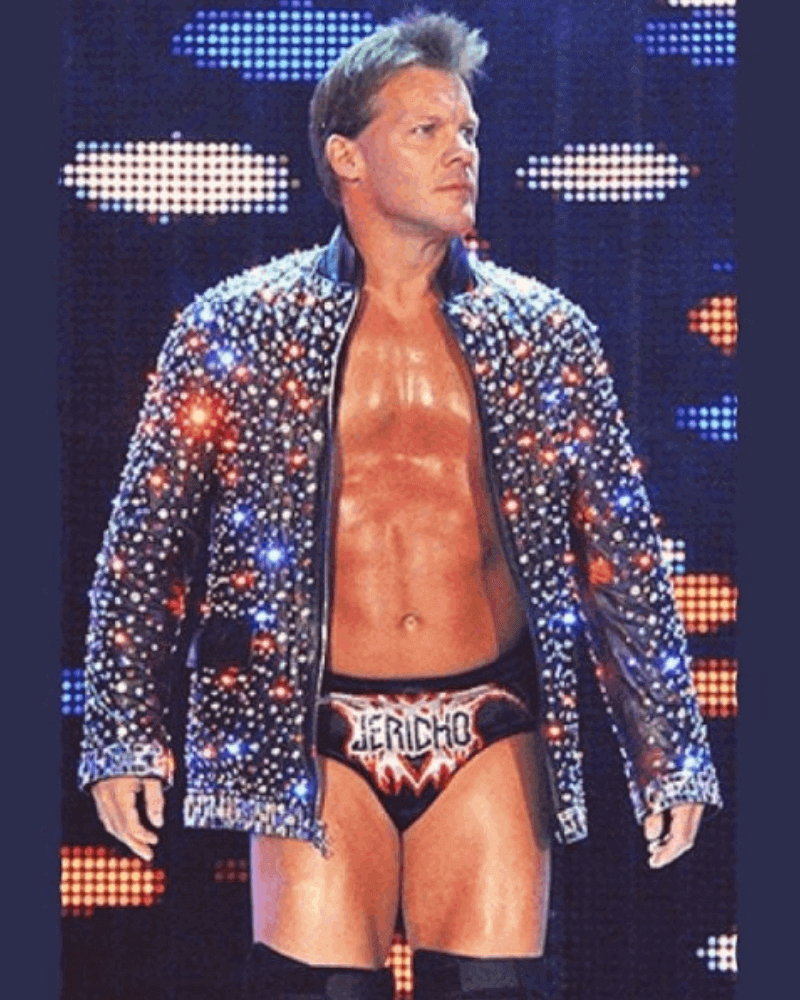 Chris Jericho wearing a sparkling light-up leather jacket in WWE