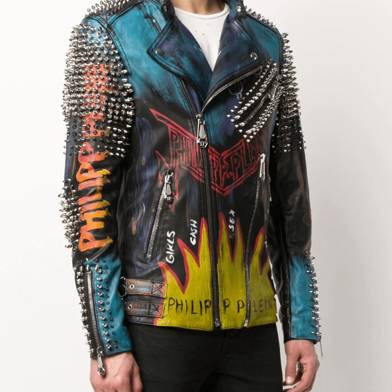Men's Evil Smile studded biker leather jacket - front