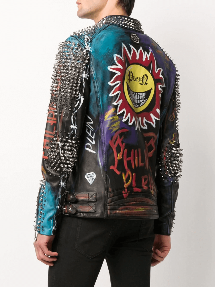 Evil Smile biker leather jacket for men with studs - back